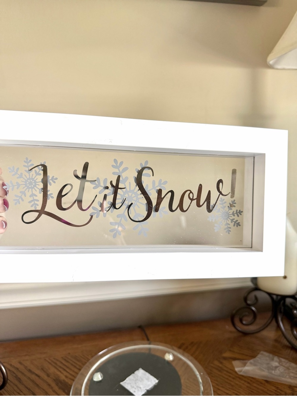 Let It Snow light up Framed Glass Sign - White Frame blue lights